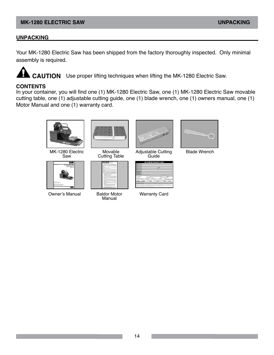 Caution, Mk-1280 electric saw unpacking, Unpacking | MK Diamond MK-1280 Electric User Manual | Page 14 / 40