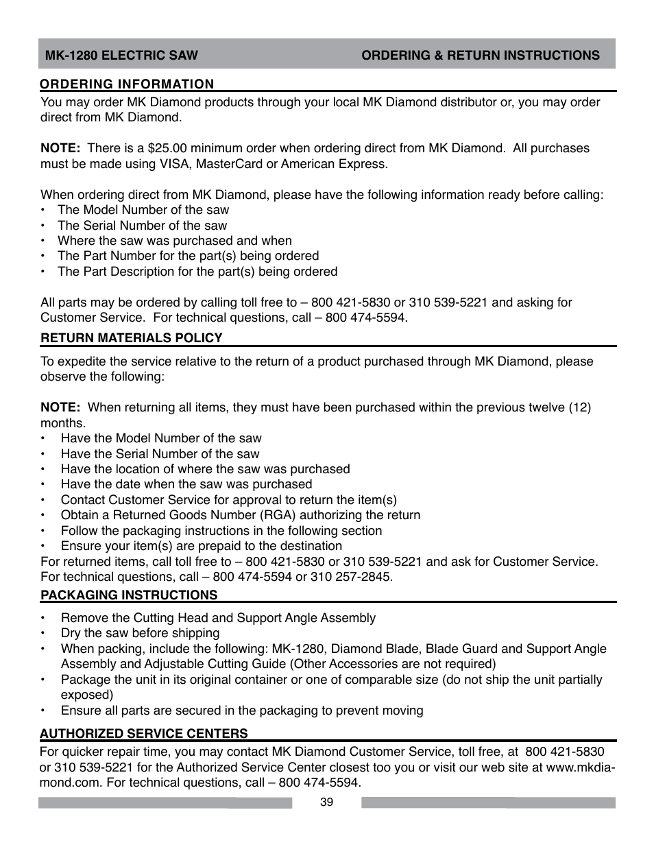 MK Diamond MK-1280 Electric User Manual | Page 39 / 40