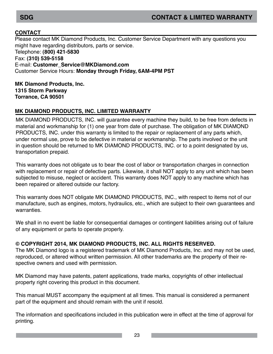 MK Diamond Sawtec SDG-103 User Manual | Page 23 / 24
