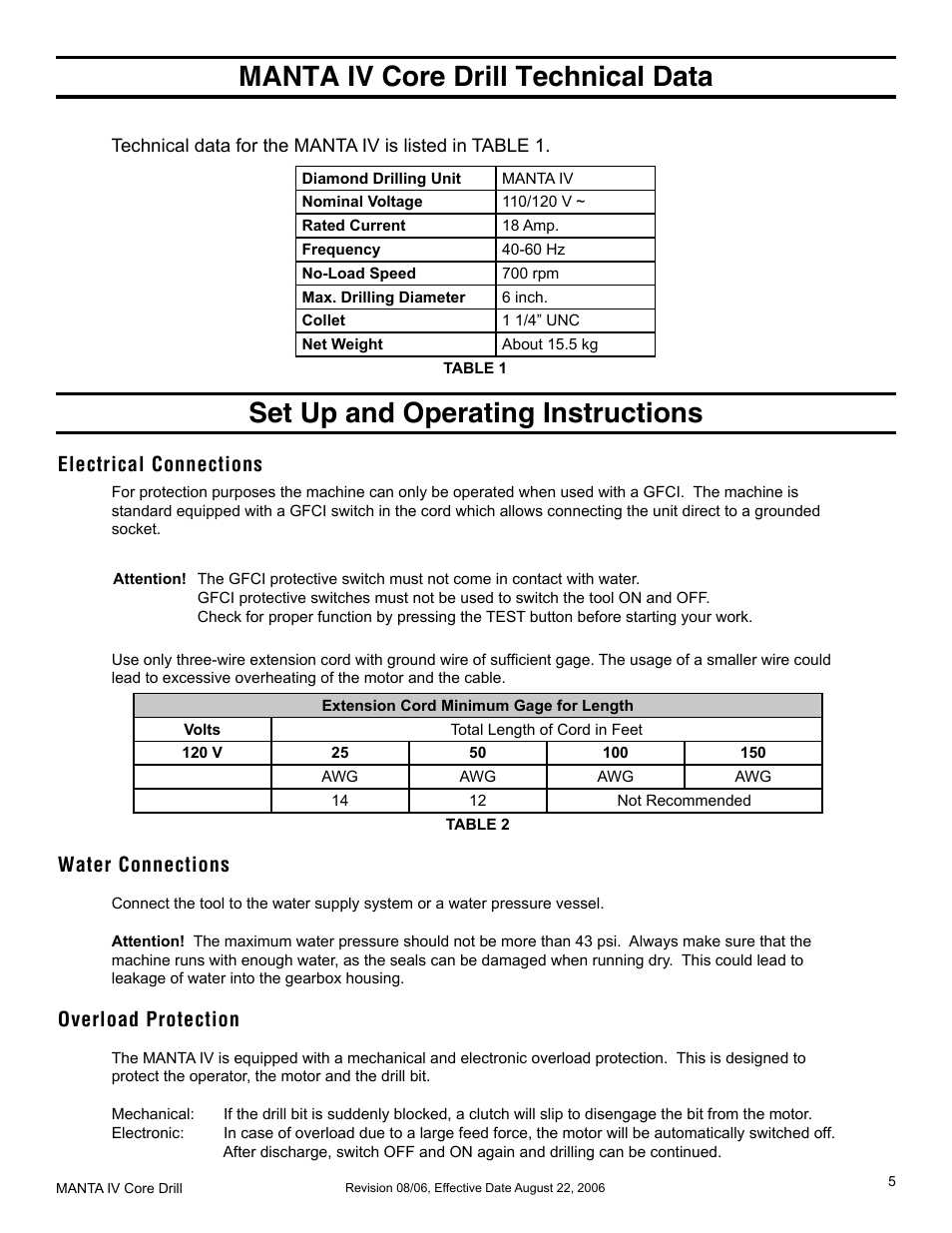 Manta iv core drill technical data, Set up and operating instructions, Electrical connections | Water connections, Overload protection | MK Diamond MK-MANTA IV User Manual | Page 5 / 16