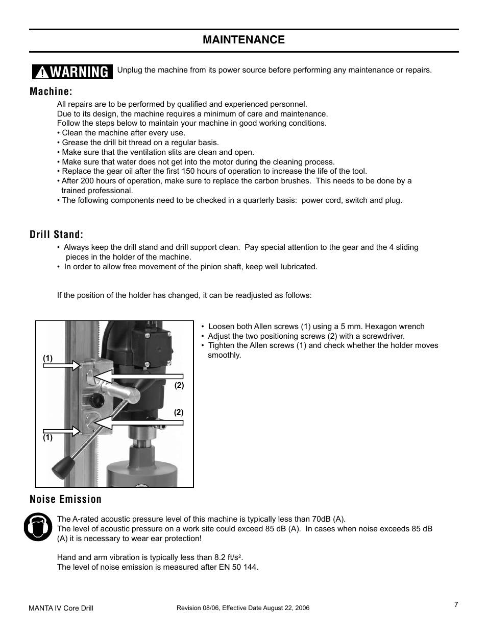 Maintenance, Warning, Machine | Drill stand, Noise emission | MK Diamond MK-MANTA IV User Manual | Page 7 / 16