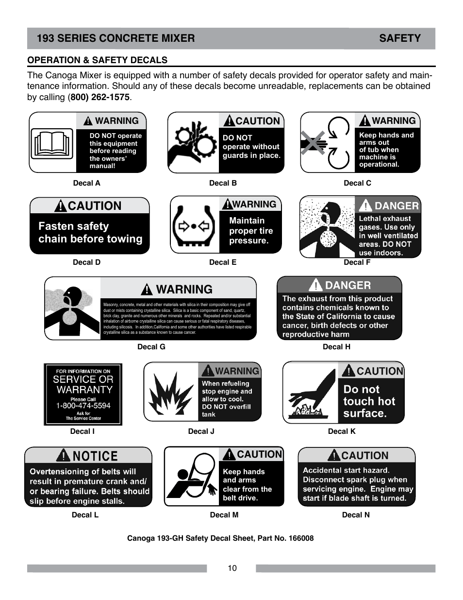 Caution, Warning, Fasten safety chain before towing | 193 series concrete mixer safety | MK Diamond Canoga 193 Gas User Manual | Page 10 / 32