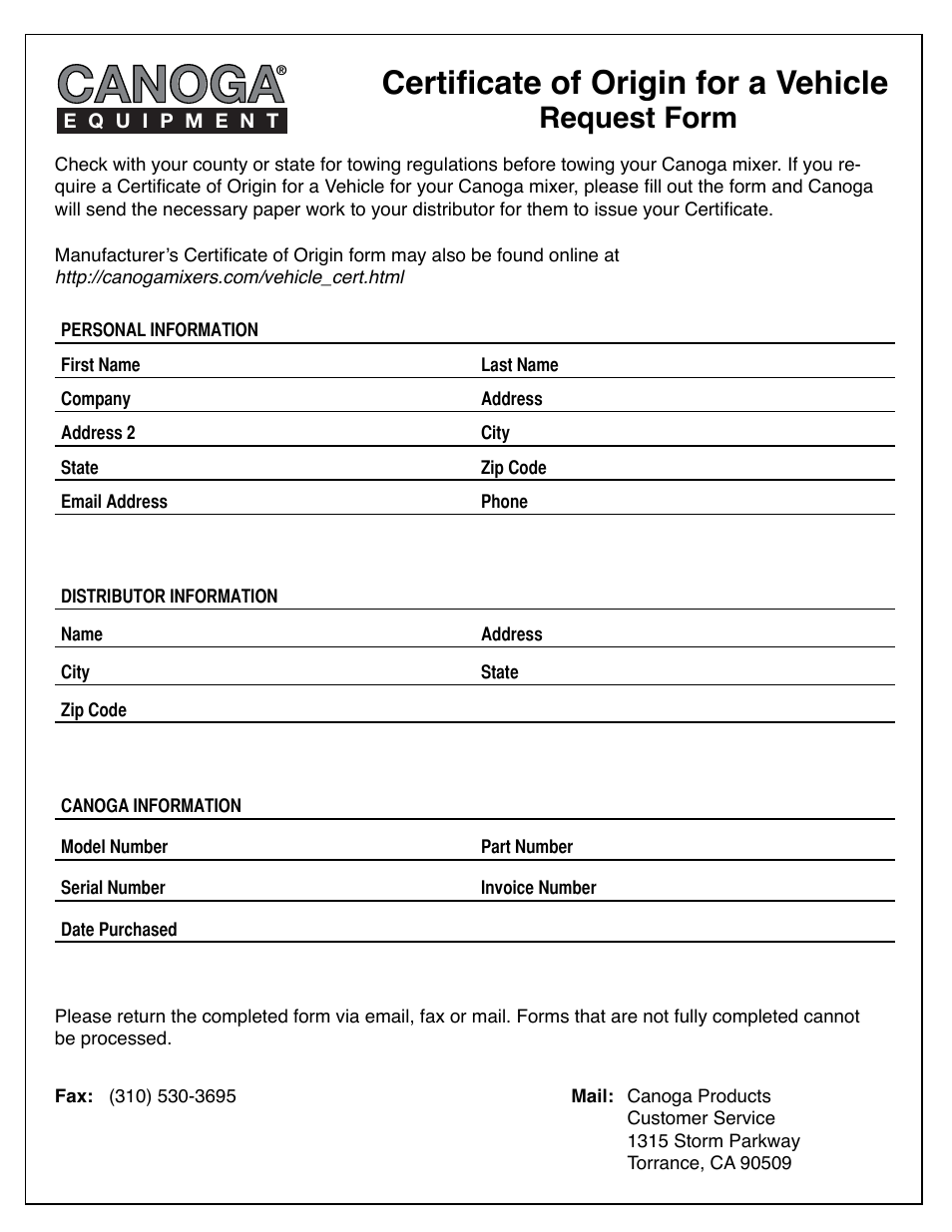 Canoga, Certificate of origin for a vehicle, Request form | MK Diamond Canoga 193 Gas User Manual | Page 29 / 32