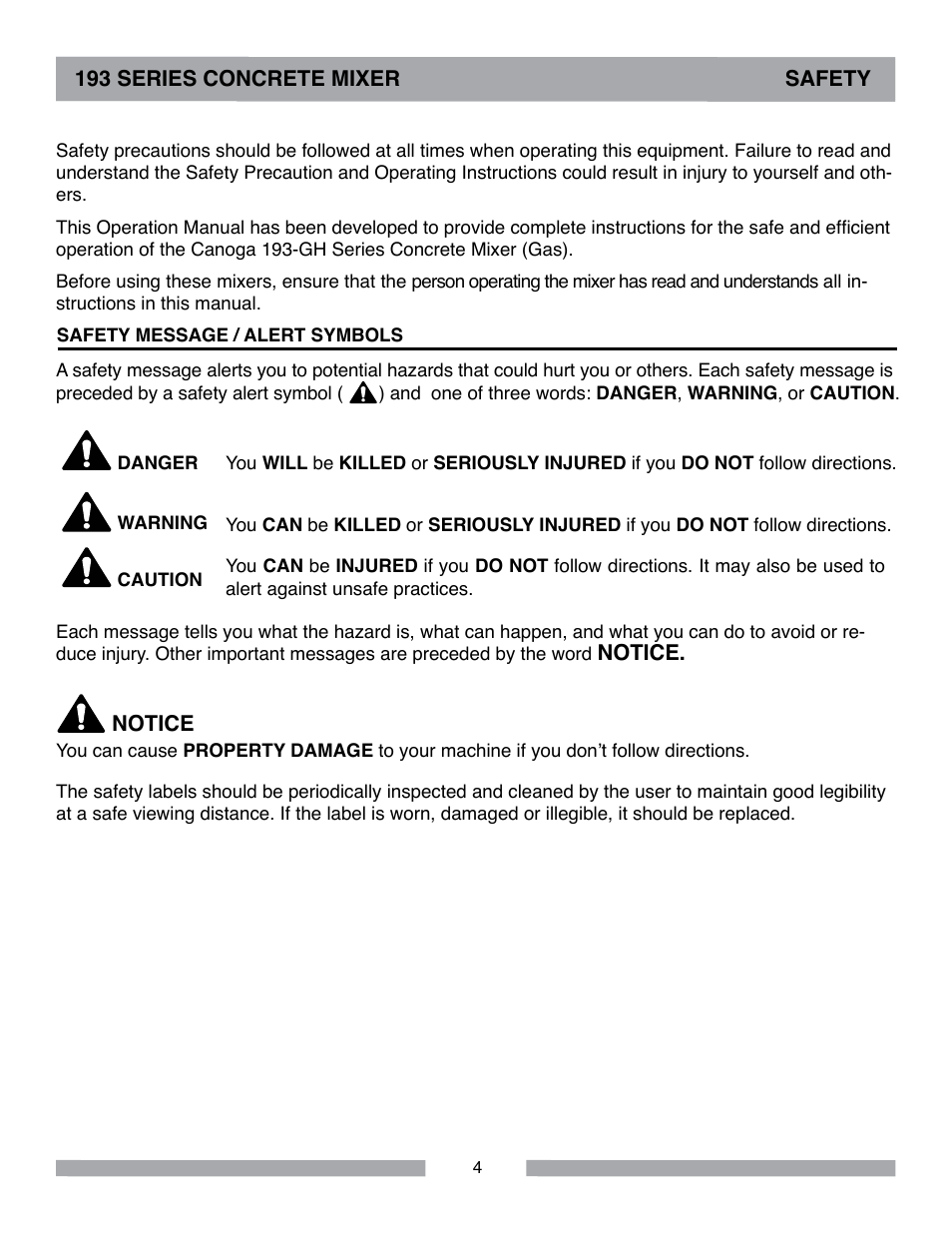 193 series concrete mixer safety, Notice | MK Diamond Canoga 193 Gas User Manual | Page 4 / 32