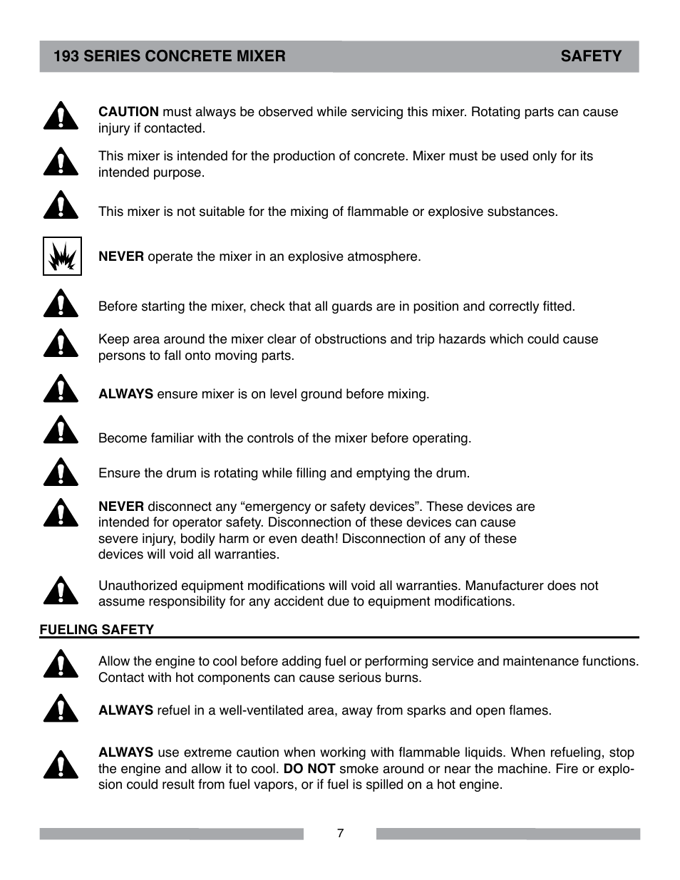 193 series concrete mixer safety, Fueling safety | MK Diamond Canoga 193 Gas User Manual | Page 7 / 32