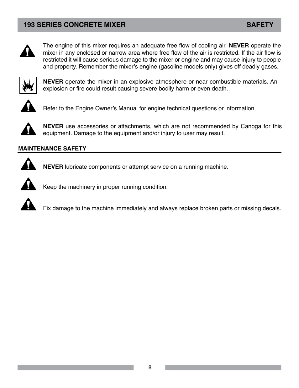 193 series concrete mixer safety | MK Diamond Canoga 193 Gas User Manual | Page 8 / 32