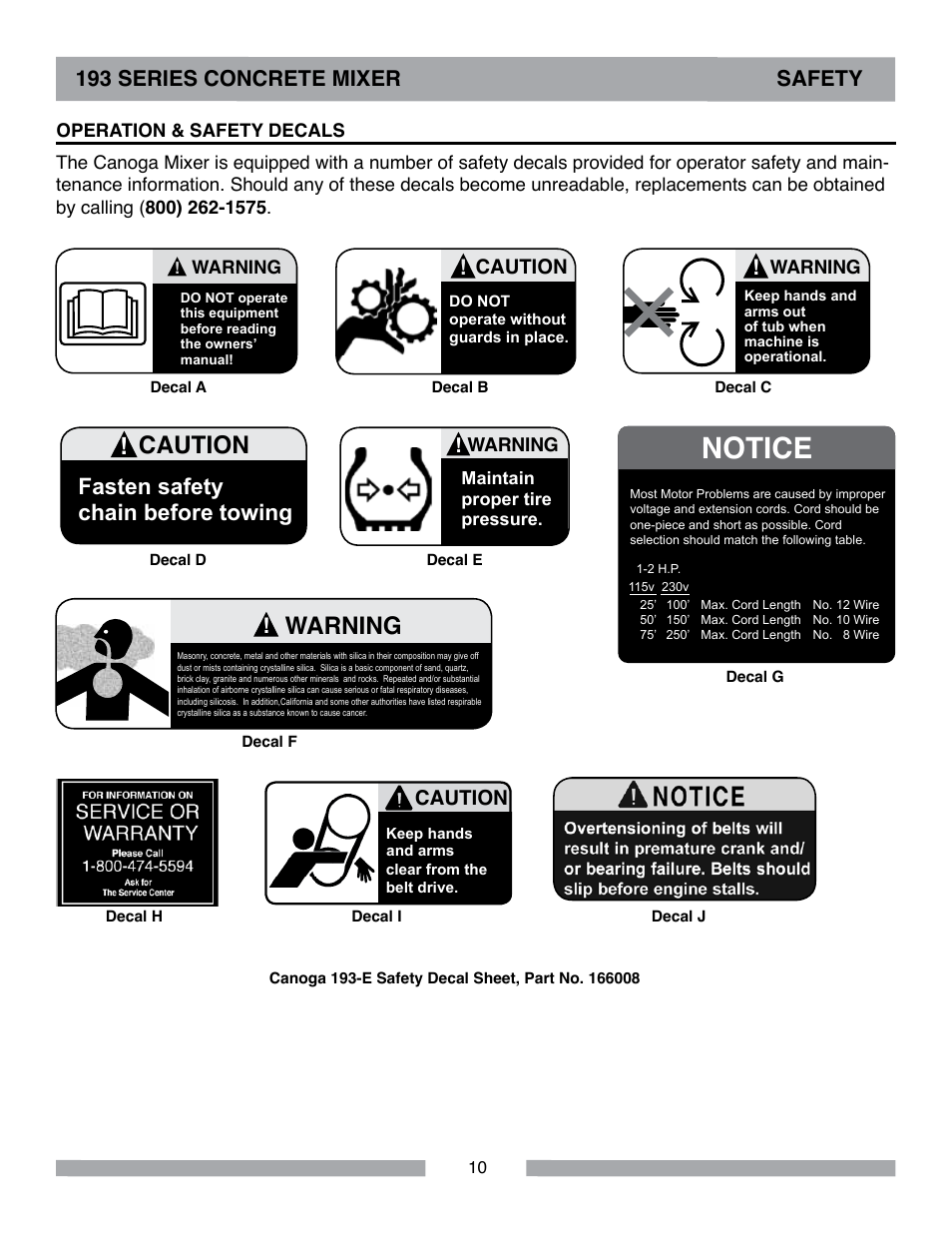 Notice, Warning, Fasten safety chain before towing | 193 series concrete mixer safety, Caution | MK Diamond Canoga 193 Electric User Manual | Page 10 / 32
