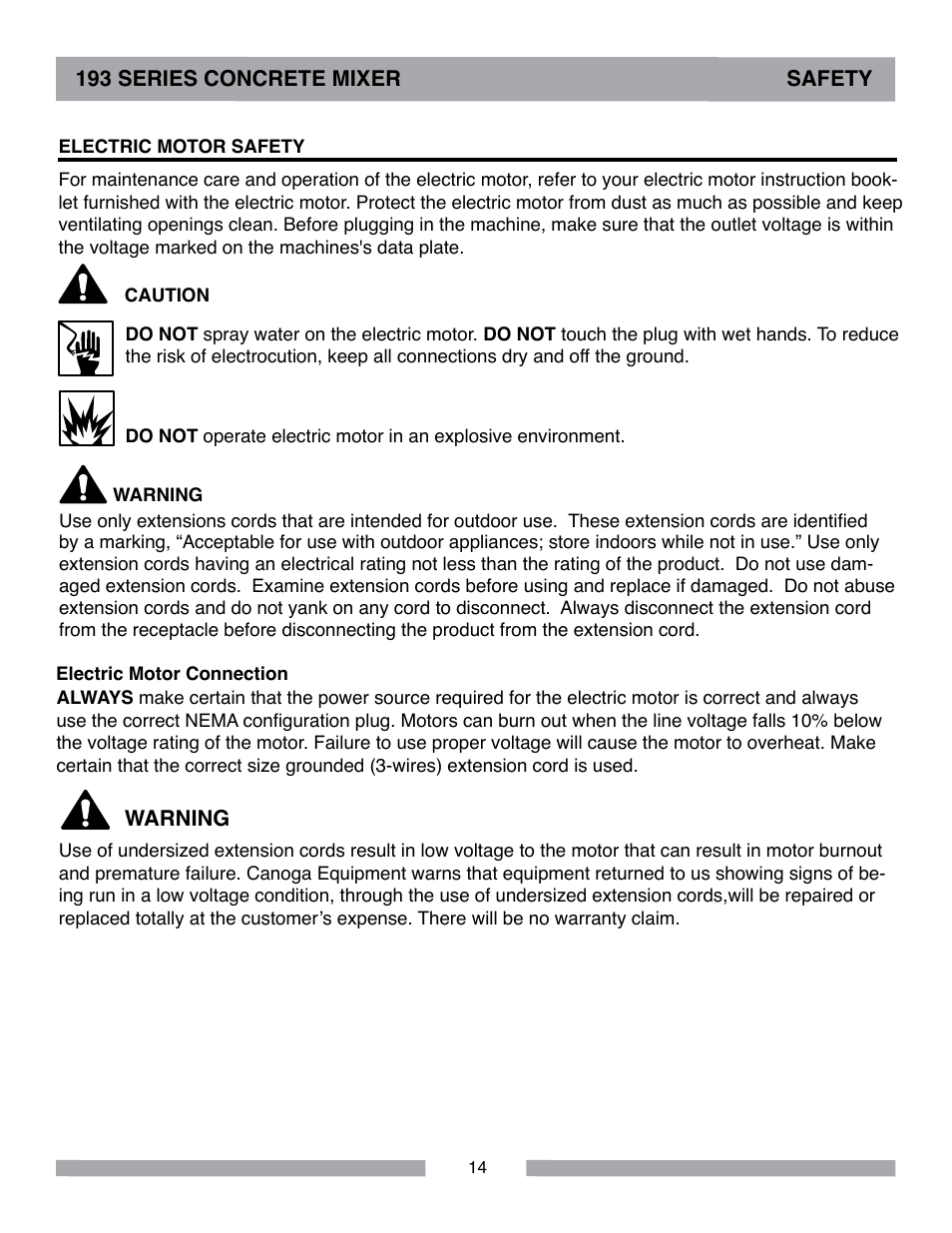 193 series concrete mixer safety, Warning | MK Diamond Canoga 193 Electric User Manual | Page 14 / 32