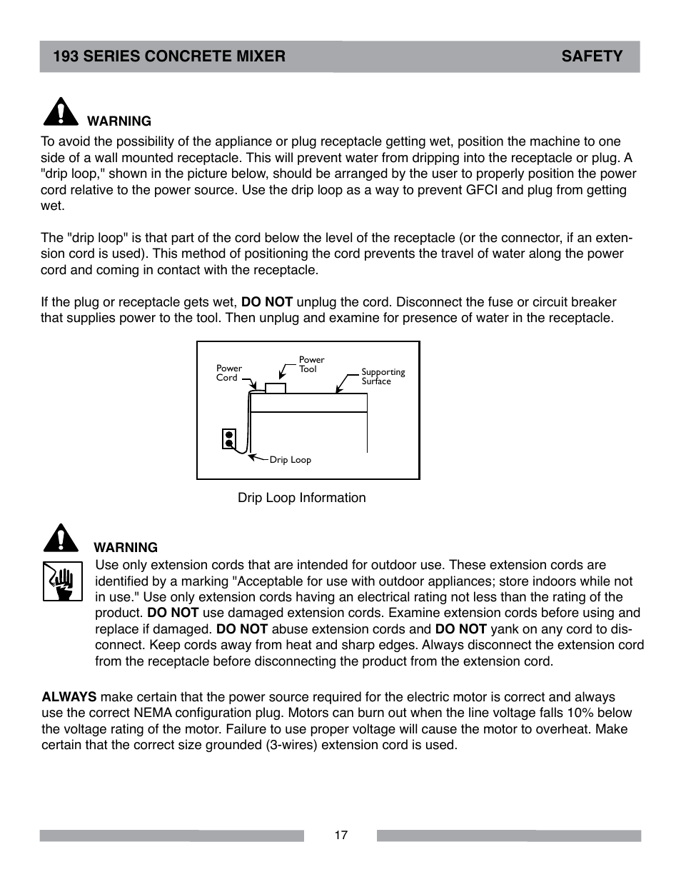 193 series concrete mixer safety | MK Diamond Canoga 193 Electric User Manual | Page 17 / 32