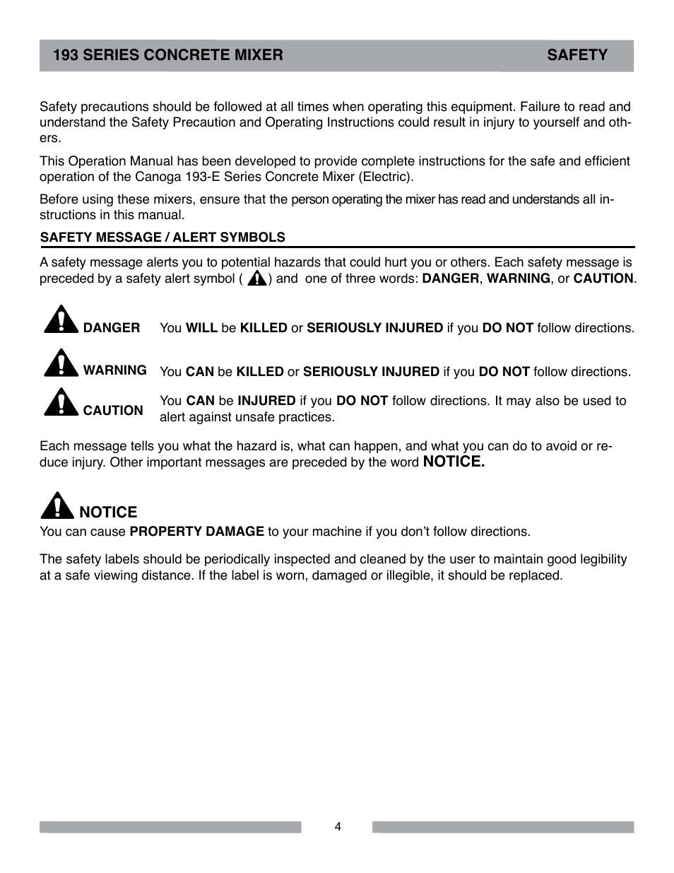 193 series concrete mixer safety, Notice | MK Diamond Canoga 193 Electric User Manual | Page 4 / 32