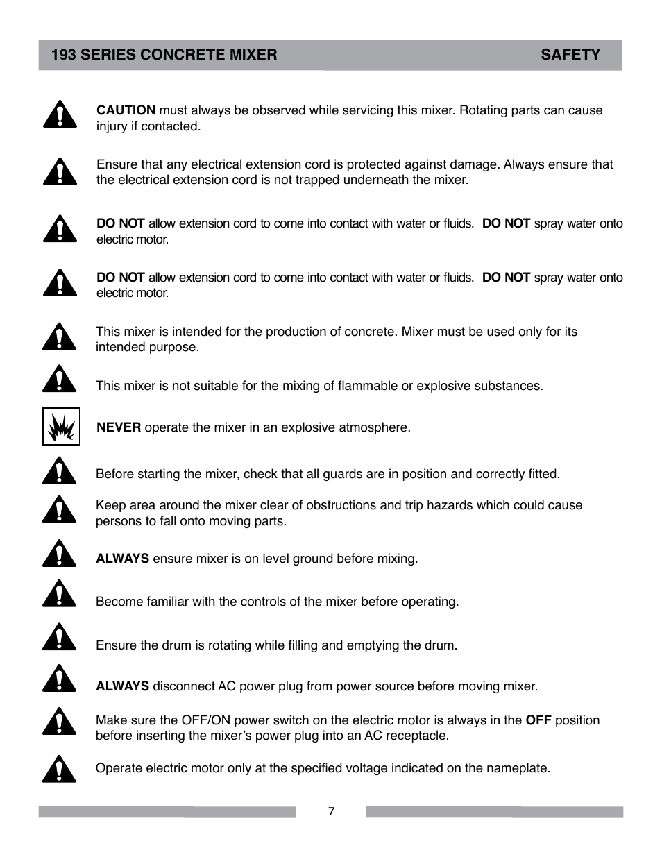 193 series concrete mixer safety | MK Diamond Canoga 193 Electric User Manual | Page 7 / 32