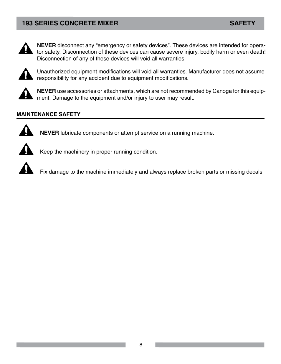 193 series concrete mixer safety | MK Diamond Canoga 193 Electric User Manual | Page 8 / 32
