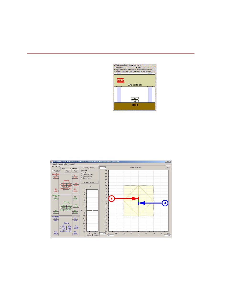 Base mounted 609 alignment fixture, If the upper gauge x coordinate is negative, Base mounted 609 alignment fixture 110 | If the upper gauge x coordinate is negative 110 | MTS 709 Alignment System User Manual | Page 110 / 158