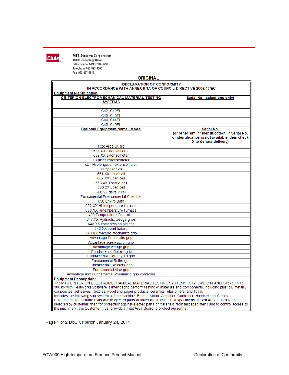 Declaration of conformity | MTS FGW900 High-temperature Furnace User Manual | Page 36 / 38