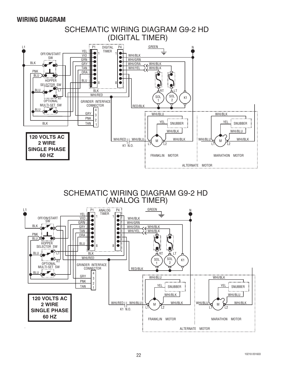 Schematic wiring diagram g9-2 hd (digital timer), Schematic wiring diagram g9-2 hd (analog timer), Wiring diagram | Bunn G9-2 HD-S User Manual | Page 22 / 23