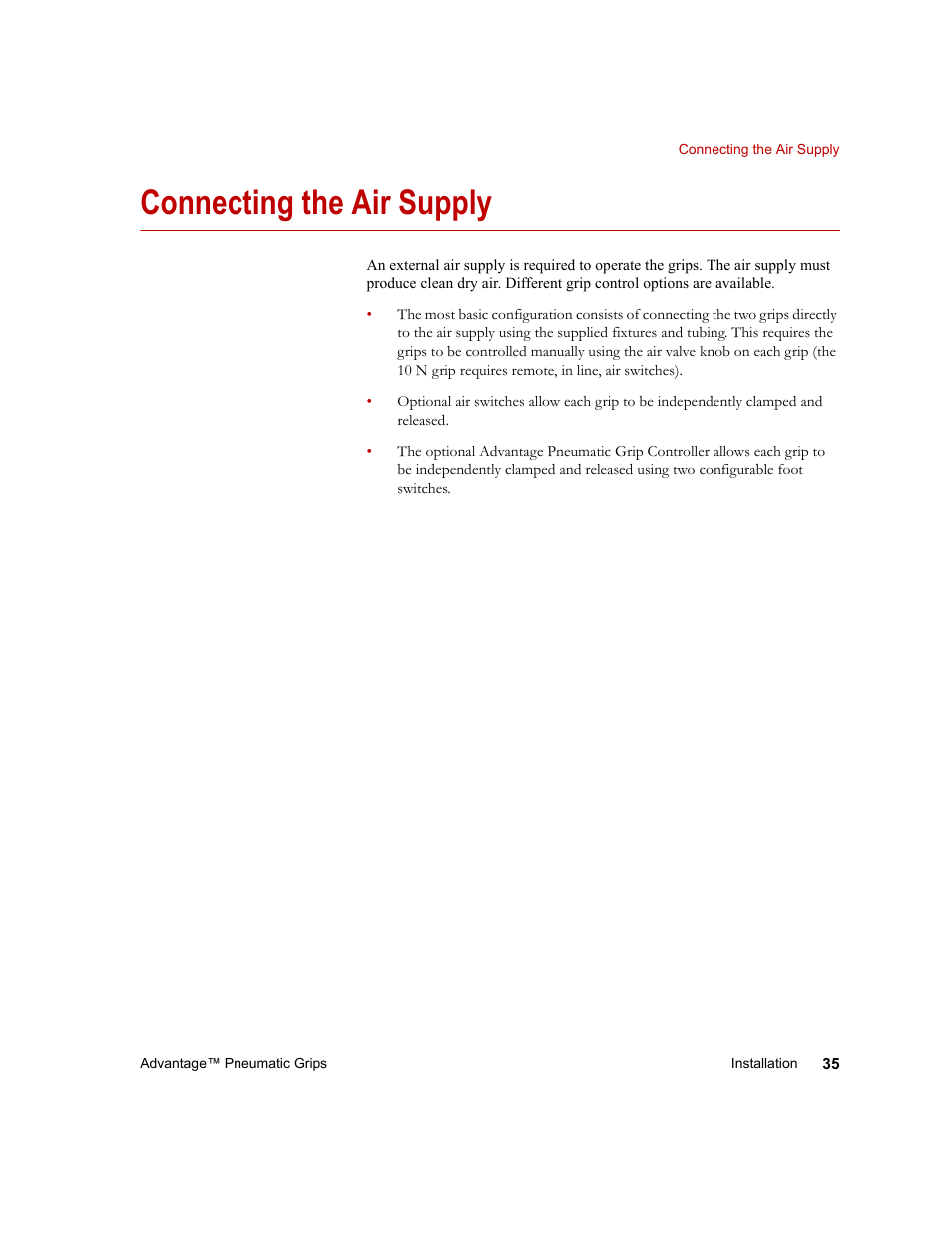 Connecting the air supply, Connecting the air supply 35, Go to | Connecting the, Air supply | MTS Advantage Pneumatic Grips User Manual | Page 35 / 58