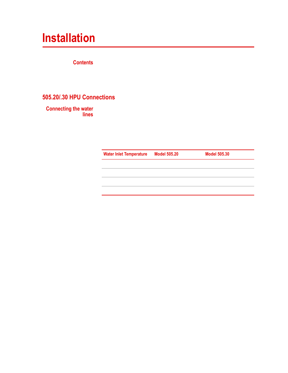 Installation, 20/.30 hpu connections, Installation 31 | 20/.30 hpu connections 31 | MTS Series 505 SilentFlo Hydraulic Power Unit Model 505-30 User Manual | Page 31 / 90
