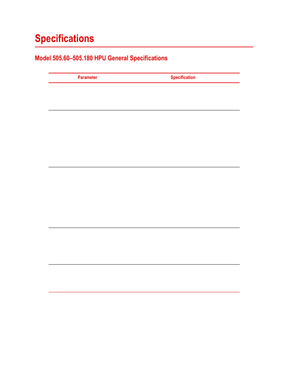 Specifications, Model 505.60–505.180 hpu general specifications, Specifications 32 | Model 505.60–505.180 hpu general specifications 32 | MTS Series 505 SilentFlo Hydraulic Power Unit Model 505-180 User Manual | Page 32 / 118
