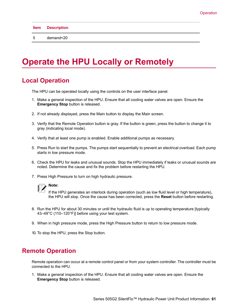 Operate the hpu locally or remotely, Local operation, Remote operation | MTS Series 505G2 SilentFlo Hydraulic Power Unit Model 505G2-180 User Manual | Page 61 / 100