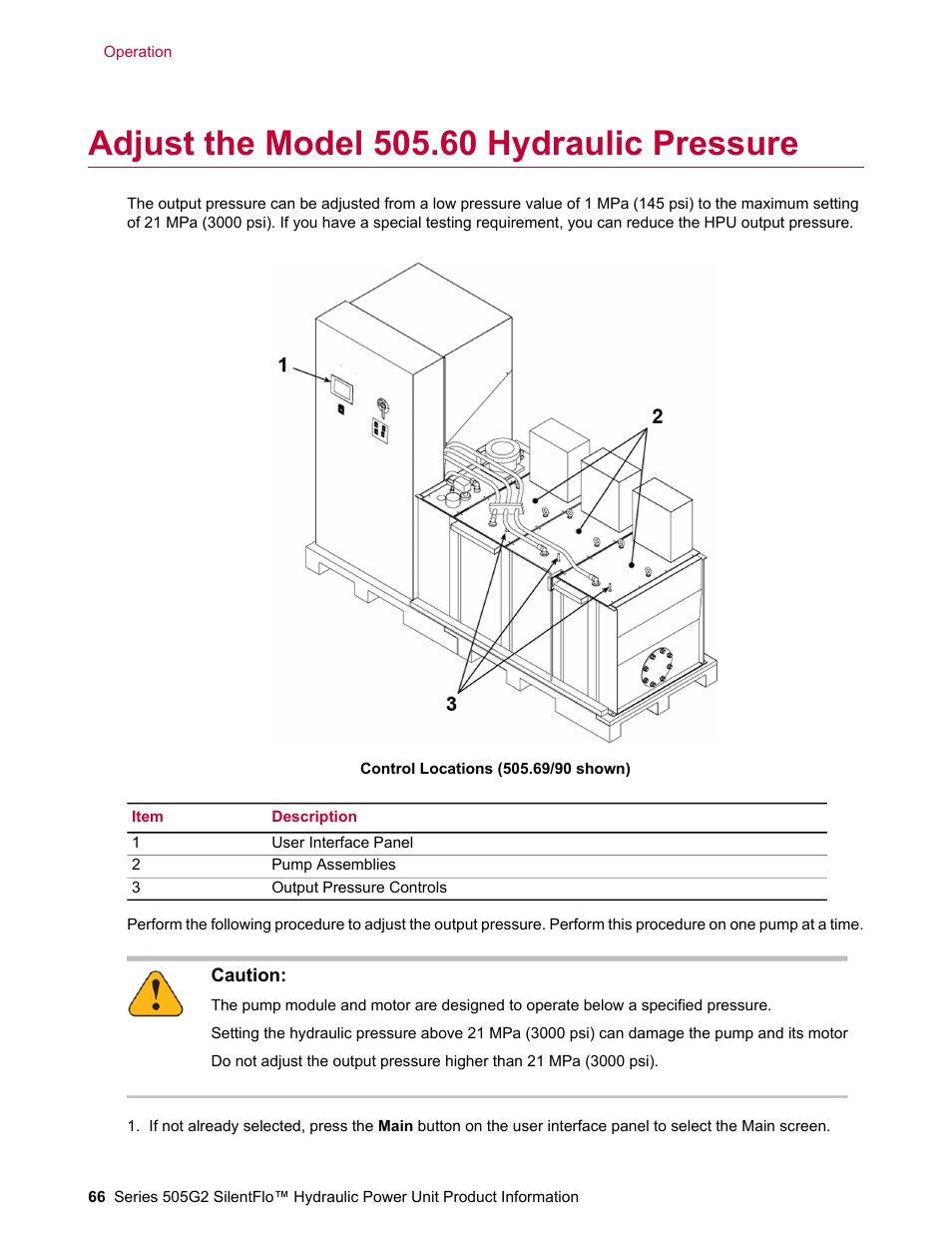 Adjust the model 505.60 hydraulic pressure | MTS Series 505G2 SilentFlo Hydraulic Power Unit Model 505G2-180 User Manual | Page 66 / 100