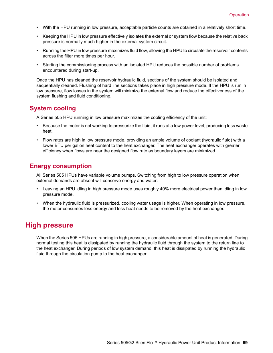 System cooling, Energy consumption, High pressure | MTS Series 505G2 SilentFlo Hydraulic Power Unit Model 505G2-180 User Manual | Page 69 / 100