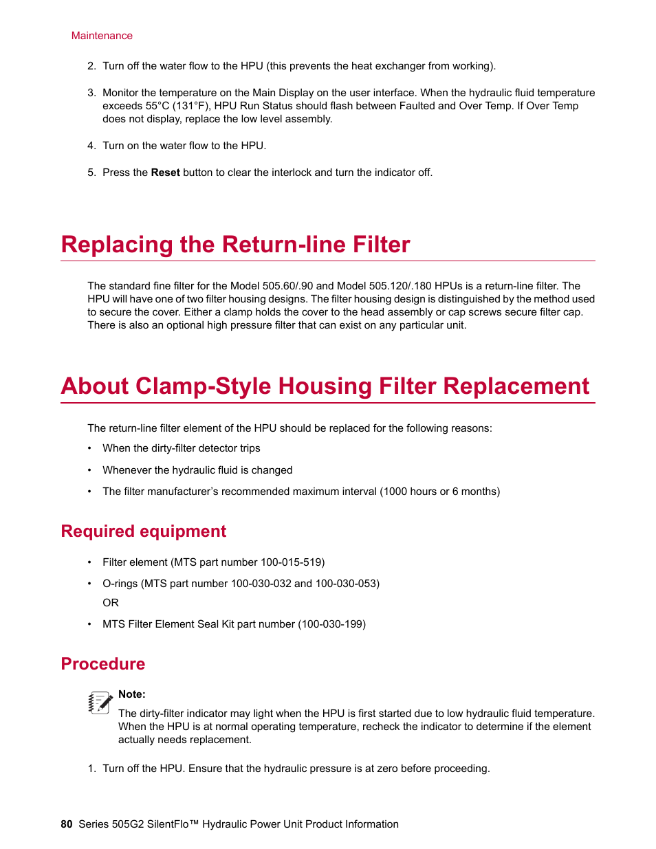 Replacing the return-line filter, About clamp-style housing filter replacement, Required equipment | Procedure | MTS Series 505G2 SilentFlo Hydraulic Power Unit Model 505G2-180 User Manual | Page 80 / 100