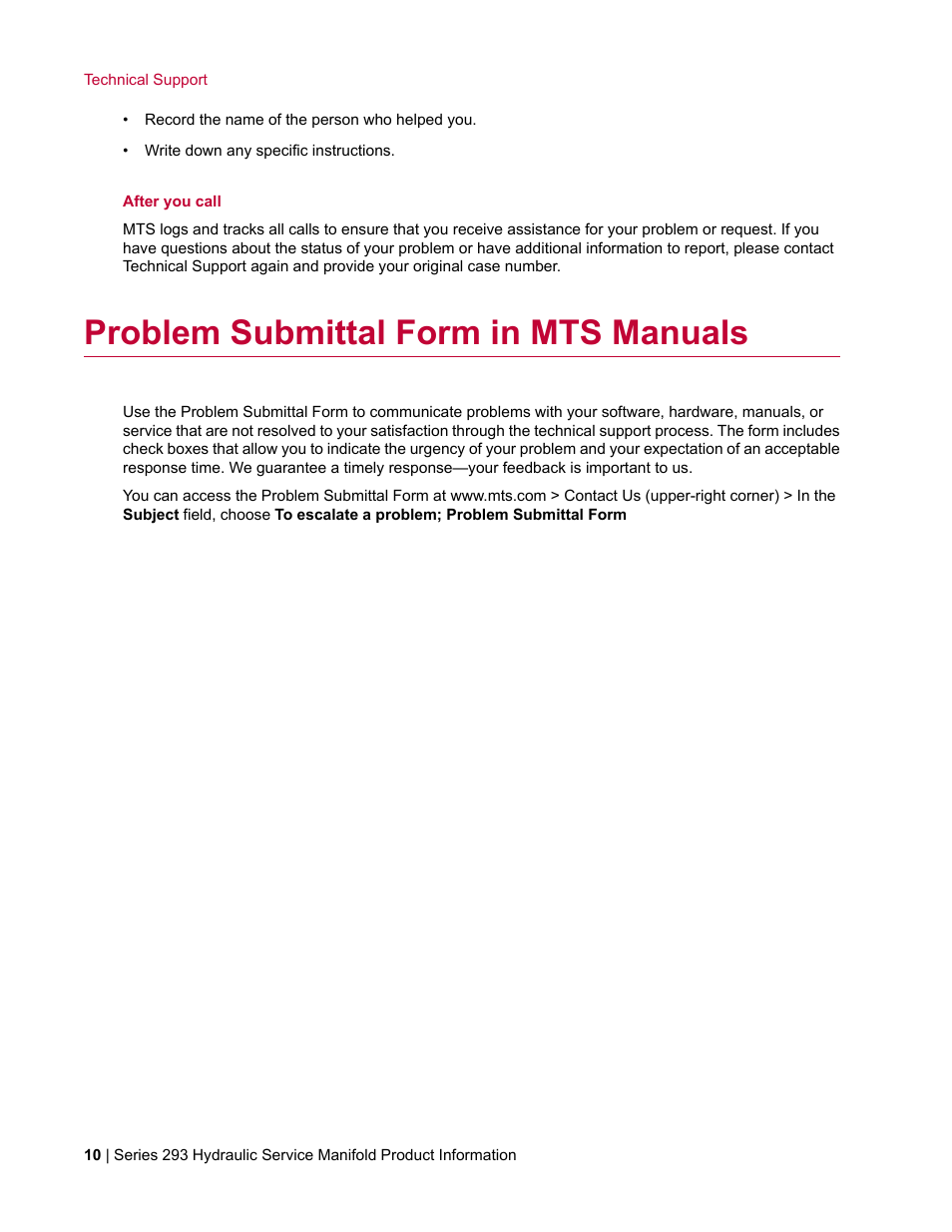 Problem submittal form in mts manuals | MTS Hydraulic Service Manifold Model 293-12B User Manual | Page 10 / 52