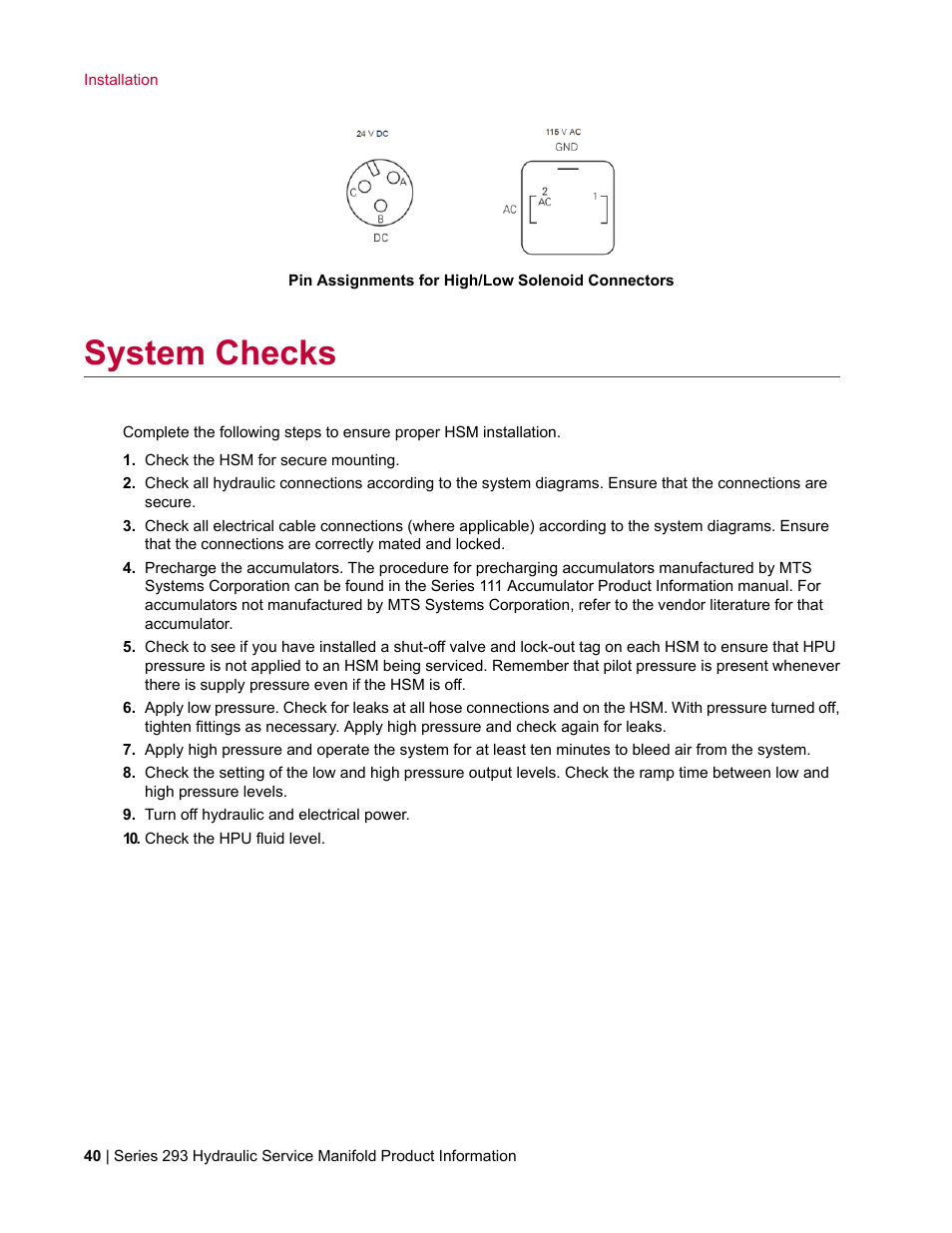 System checks | MTS Hydraulic Service Manifold Model 293-12B User Manual | Page 40 / 52