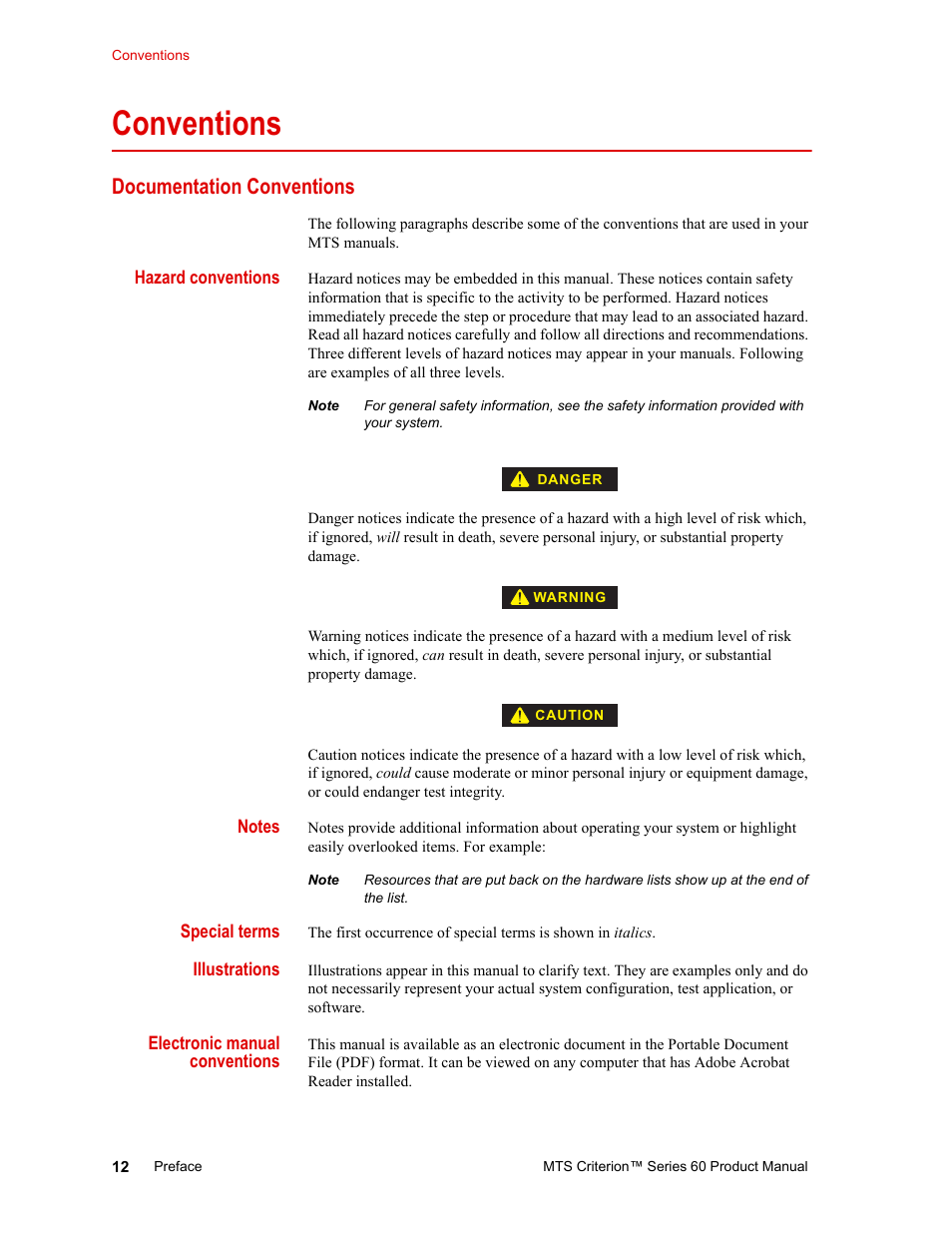 Conventions, Documentation conventions, Conventions 12 | Documentation conventions 12 | MTS Criterion 60 - Manual User Manual | Page 12 / 98