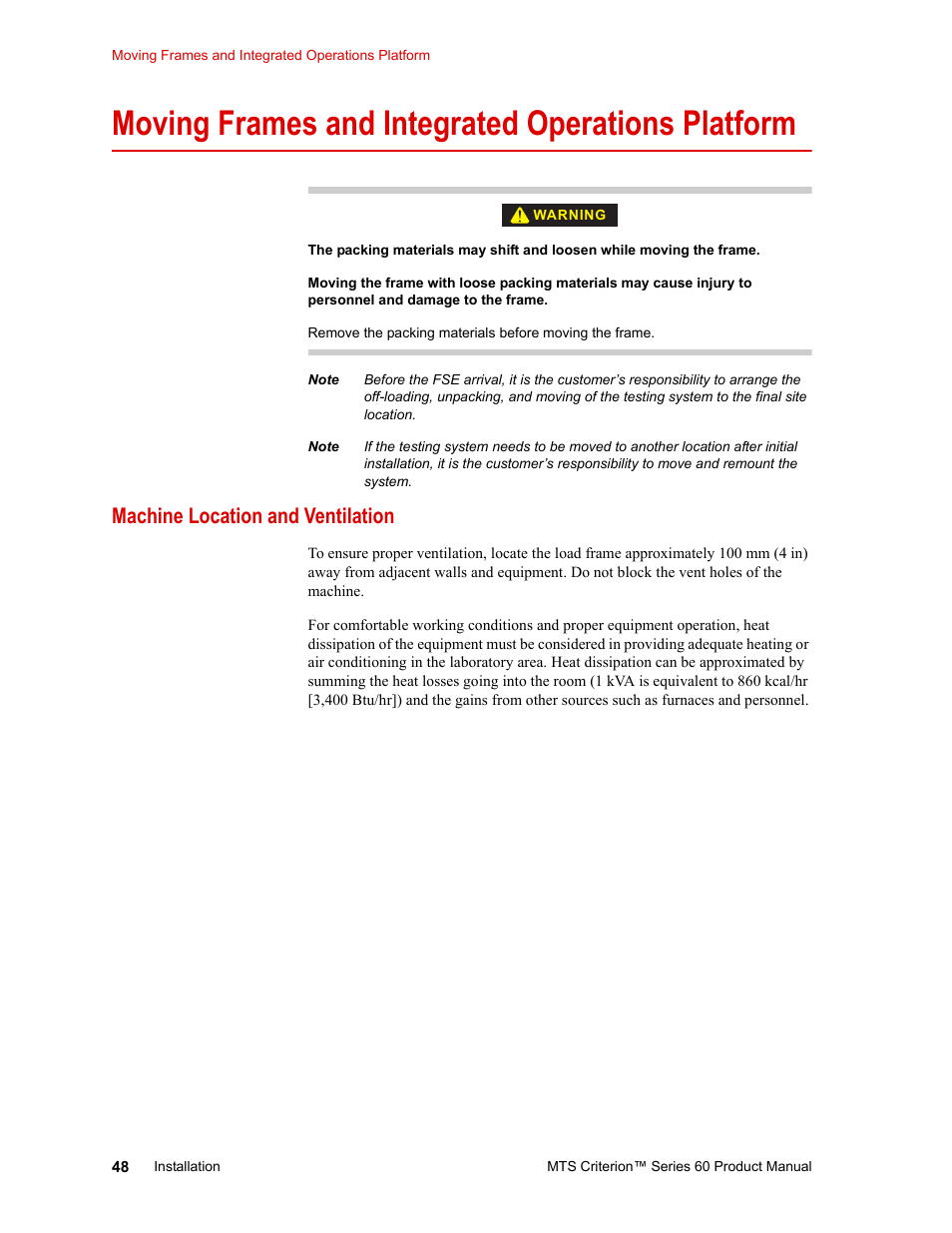 Moving frames and integrated operations platform, Machine location and ventilation, Machine location and ventilation 48 | MTS Criterion 60 - Manual User Manual | Page 48 / 98
