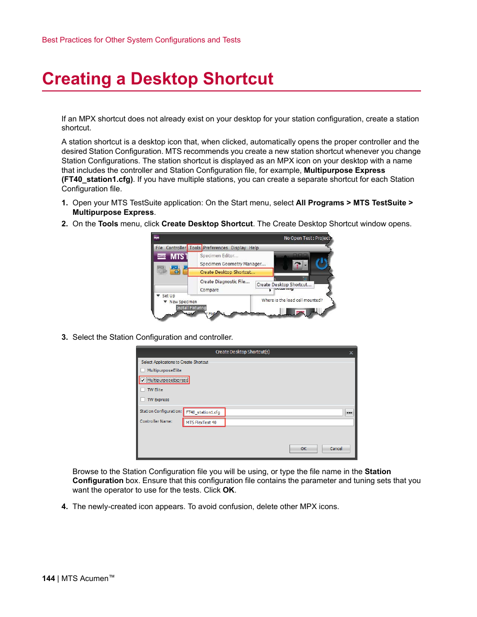 Creating a desktop shortcut | MTS Acumen User Manual | Page 144 / 208
