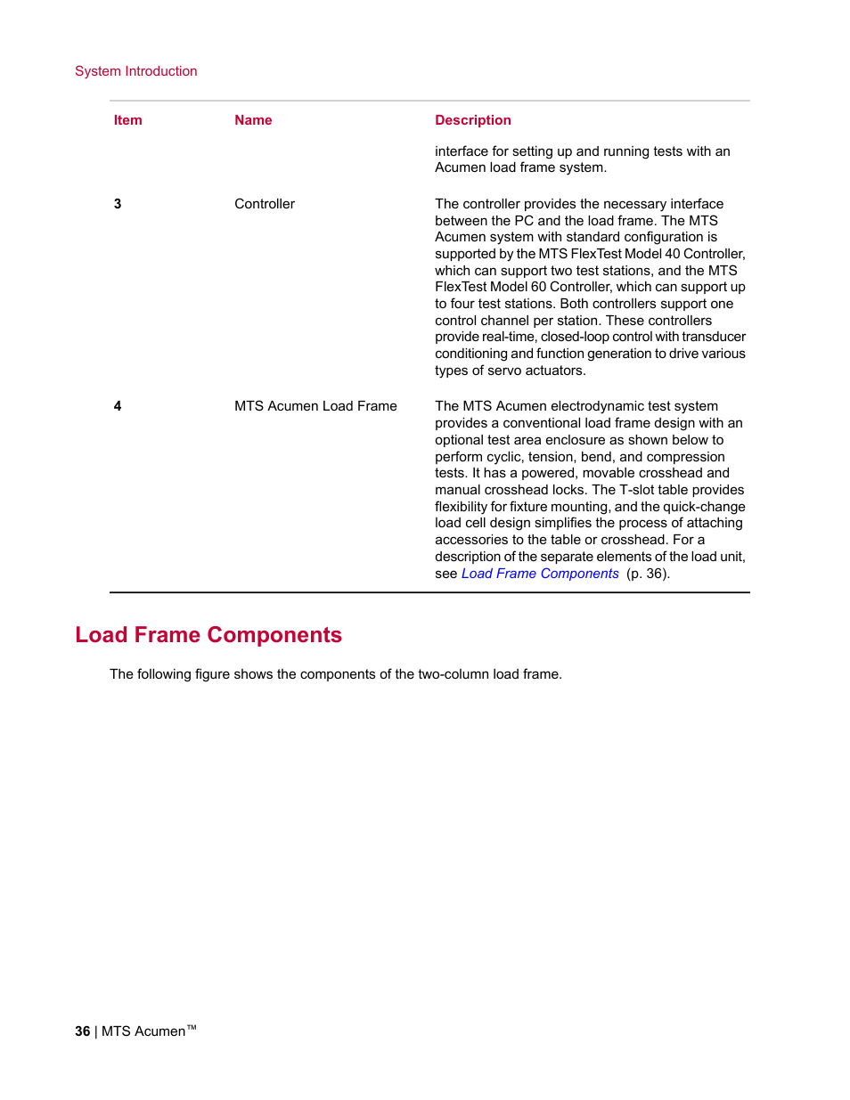 Load frame components | MTS Acumen User Manual | Page 36 / 208