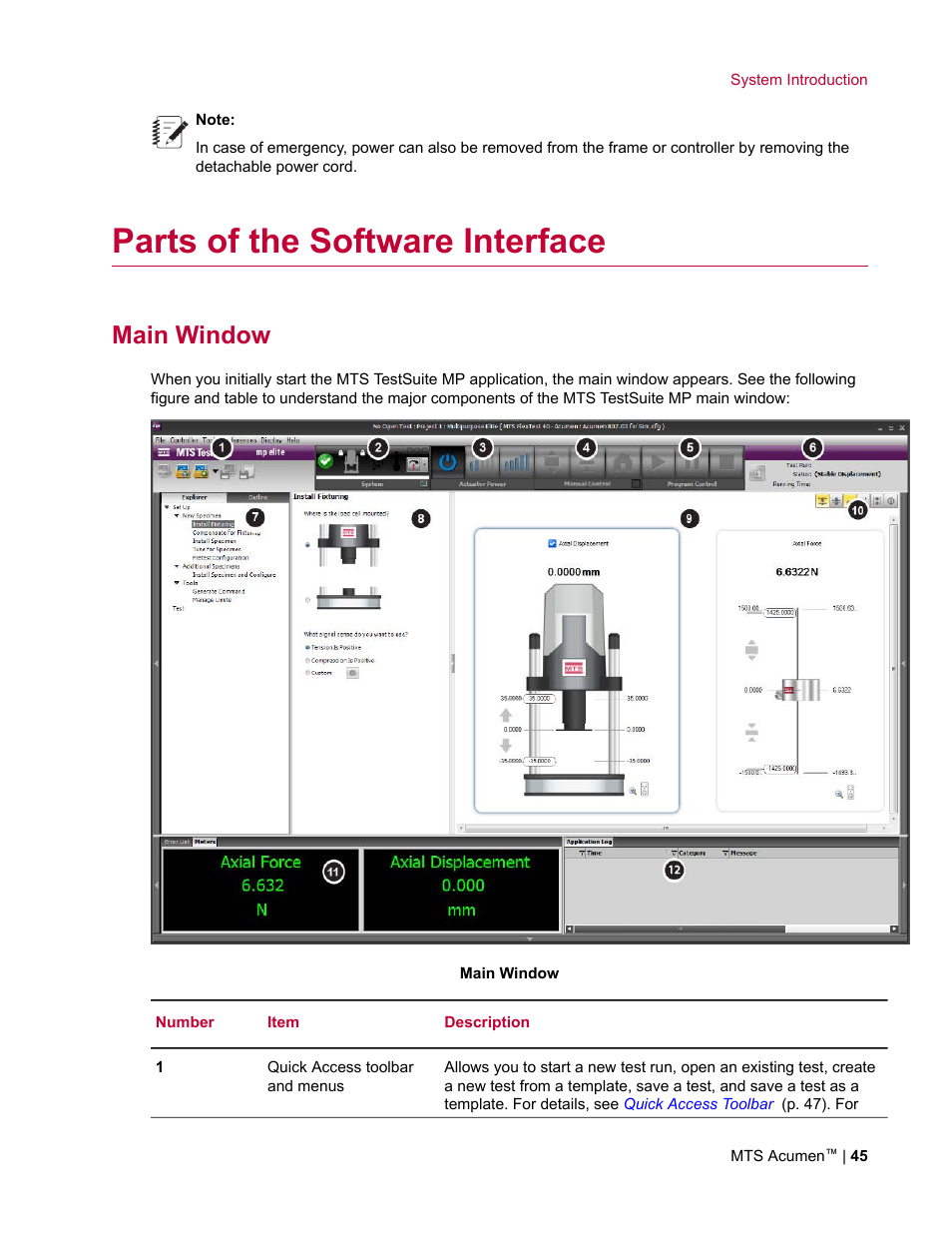 Parts of the software interface, Main window | MTS Acumen User Manual | Page 45 / 208