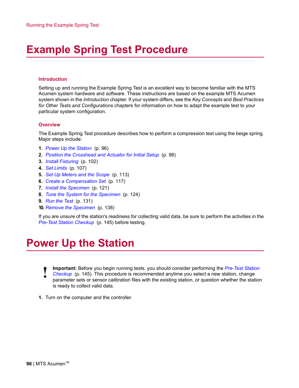 Example spring test procedure, Power up the station | MTS Acumen User Manual | Page 96 / 208