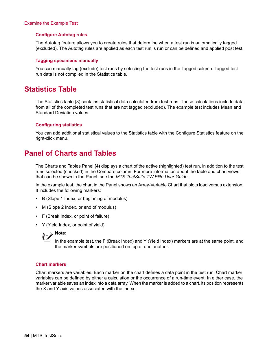 Statistics table, Panel of charts and tables | MTS TW Elite User Manual | Page 54 / 132