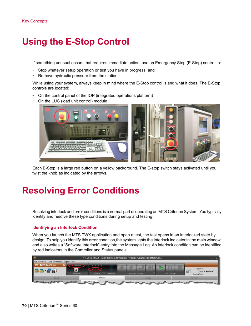 Using the e-stop control, Resolving error conditions | MTS Criterion Series 60 User Manual | Page 70 / 146