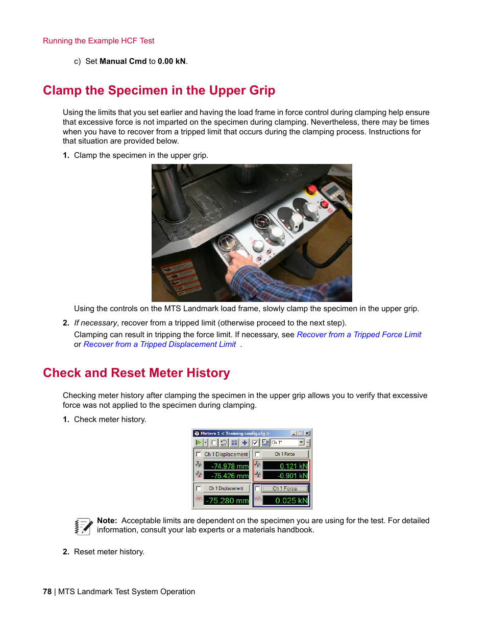 Clamp the specimen in the upper grip, Check and reset meter history | MTS Landmark System User Manual | Page 78 / 126