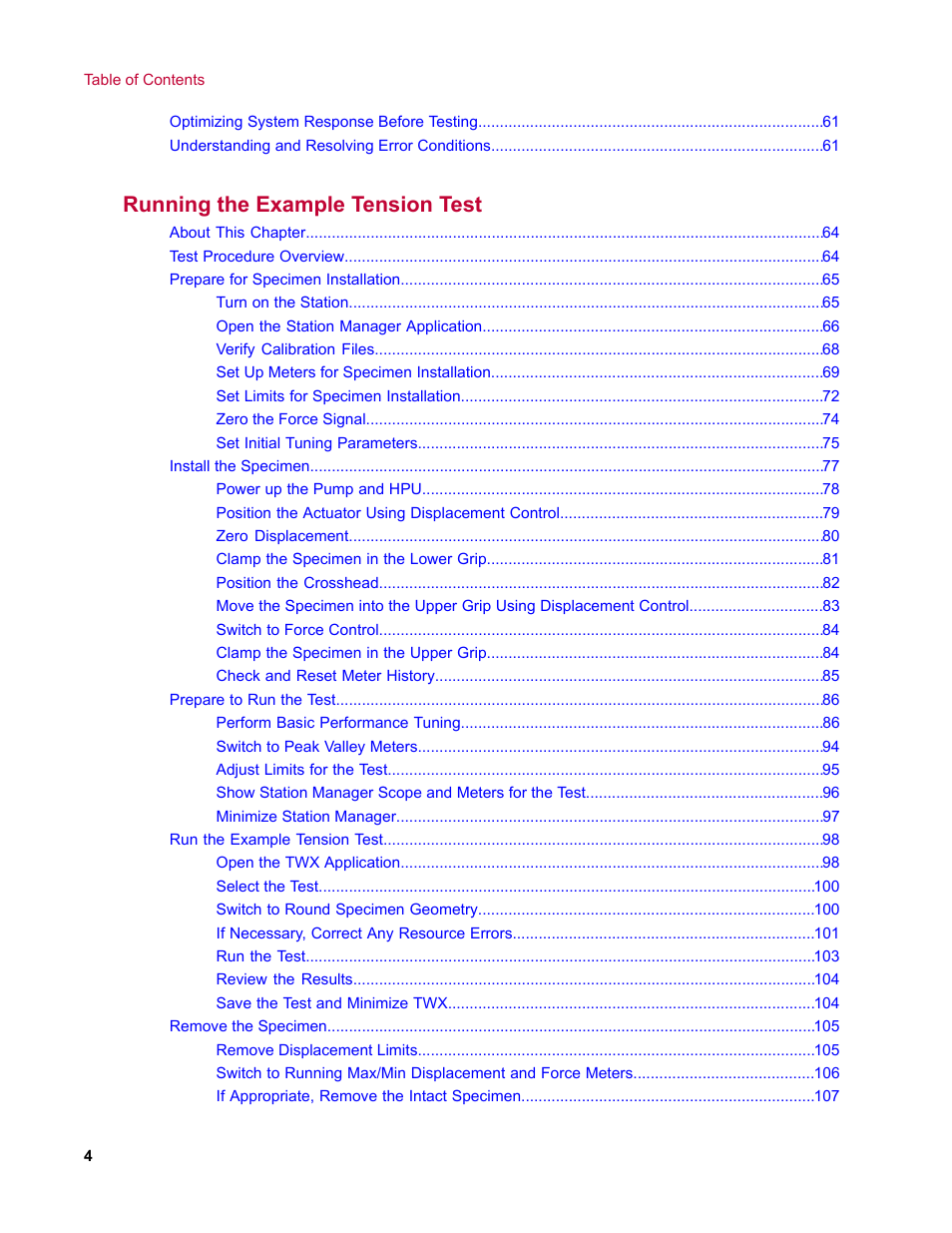 Running the example tension test | MTS Landmark TWX User Manual | Page 4 / 162