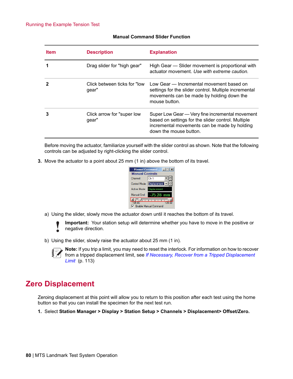 Zero displacement | MTS Landmark TWX User Manual | Page 80 / 162