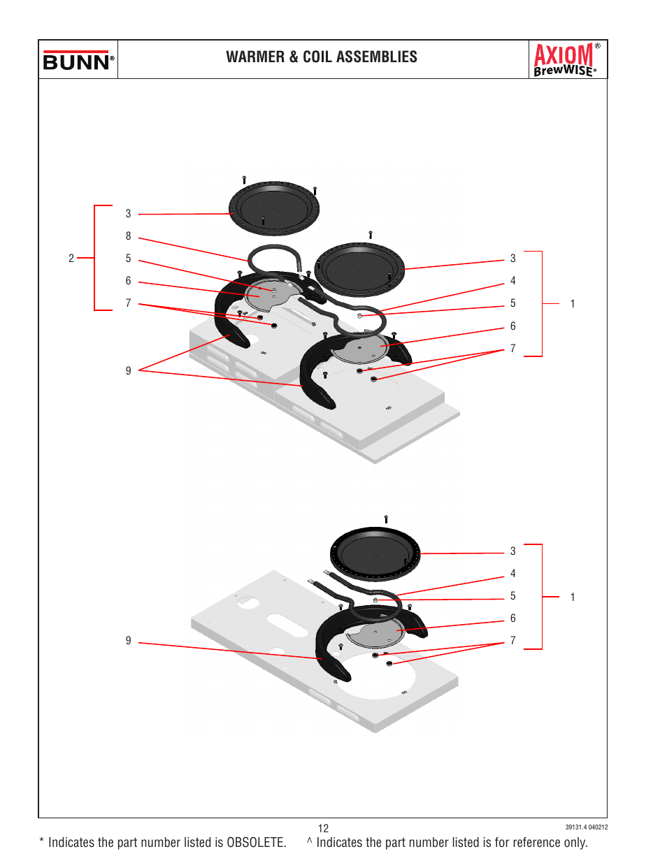 Warmer & coil assemblies | Bunn AXIOM BREWWISE 39131.0004B User Manual | Page 12 / 19