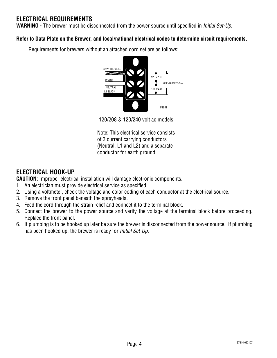 Electrical requirements, Electrical hook-up | Bunn 37614 041410 User Manual | Page 4 / 7