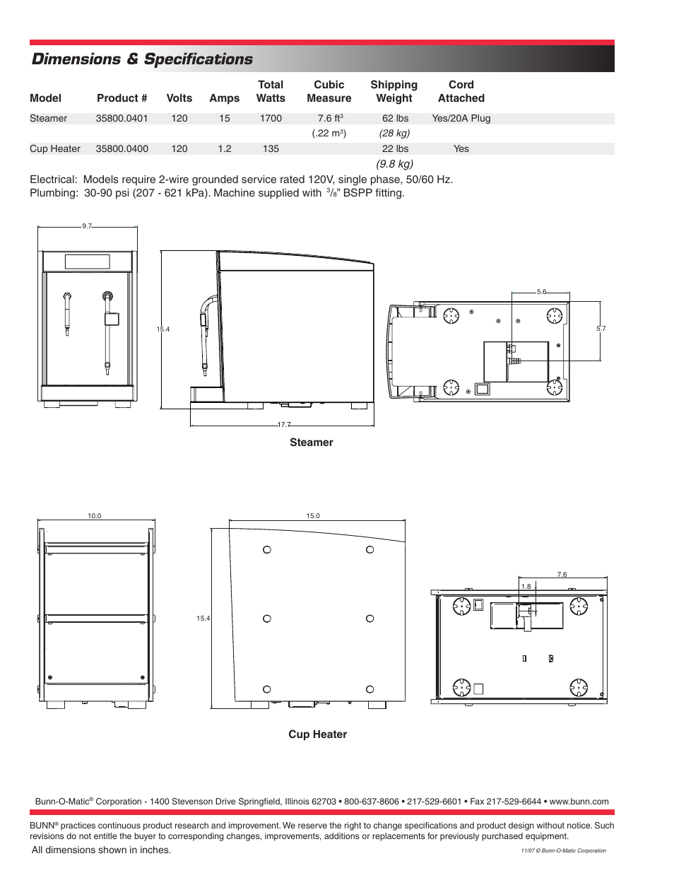 Dimensions & specifications | Bunn Cup Heater Replacement Unit EQHP-ESPCRTG User Manual | Page 2 / 2