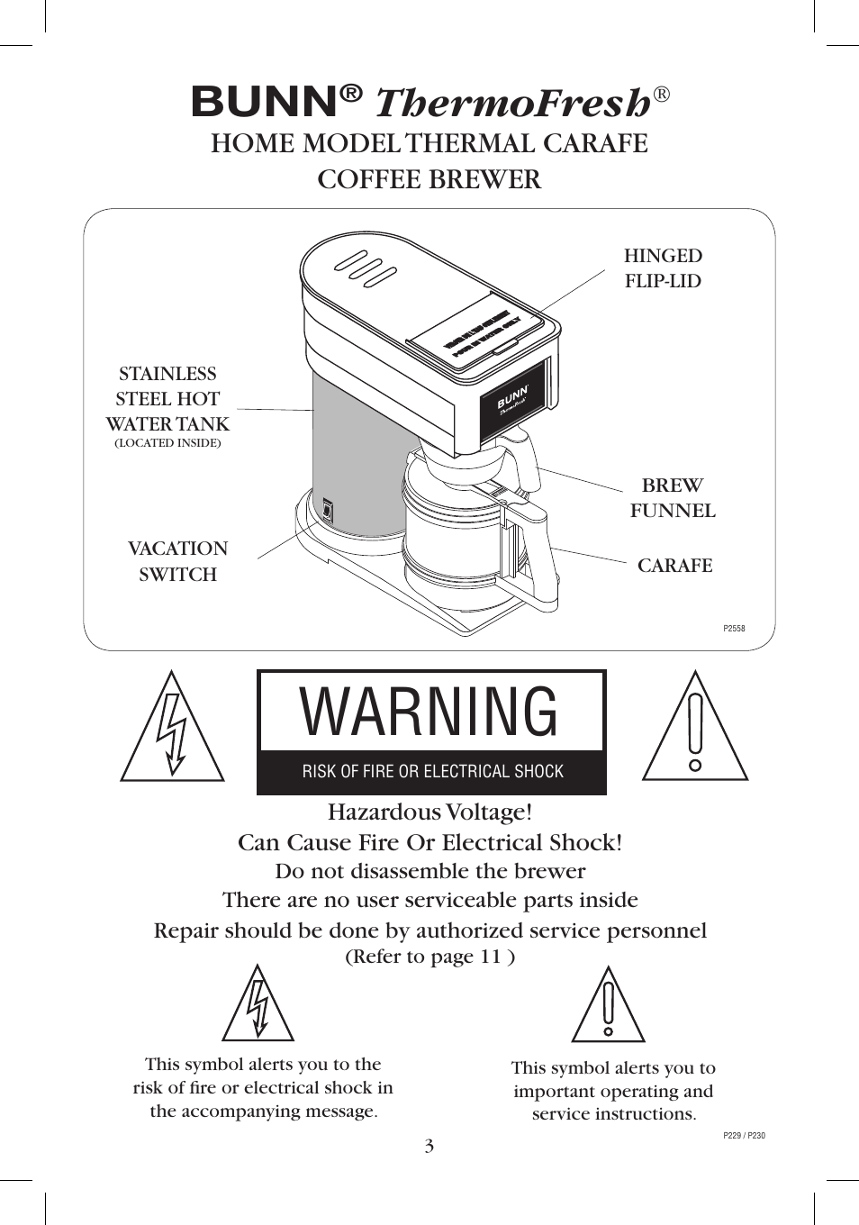 Warning, Bunn, Thermofresh | Home model thermal carafe coffee brewer | Bunn BTC User Manual | Page 3 / 12