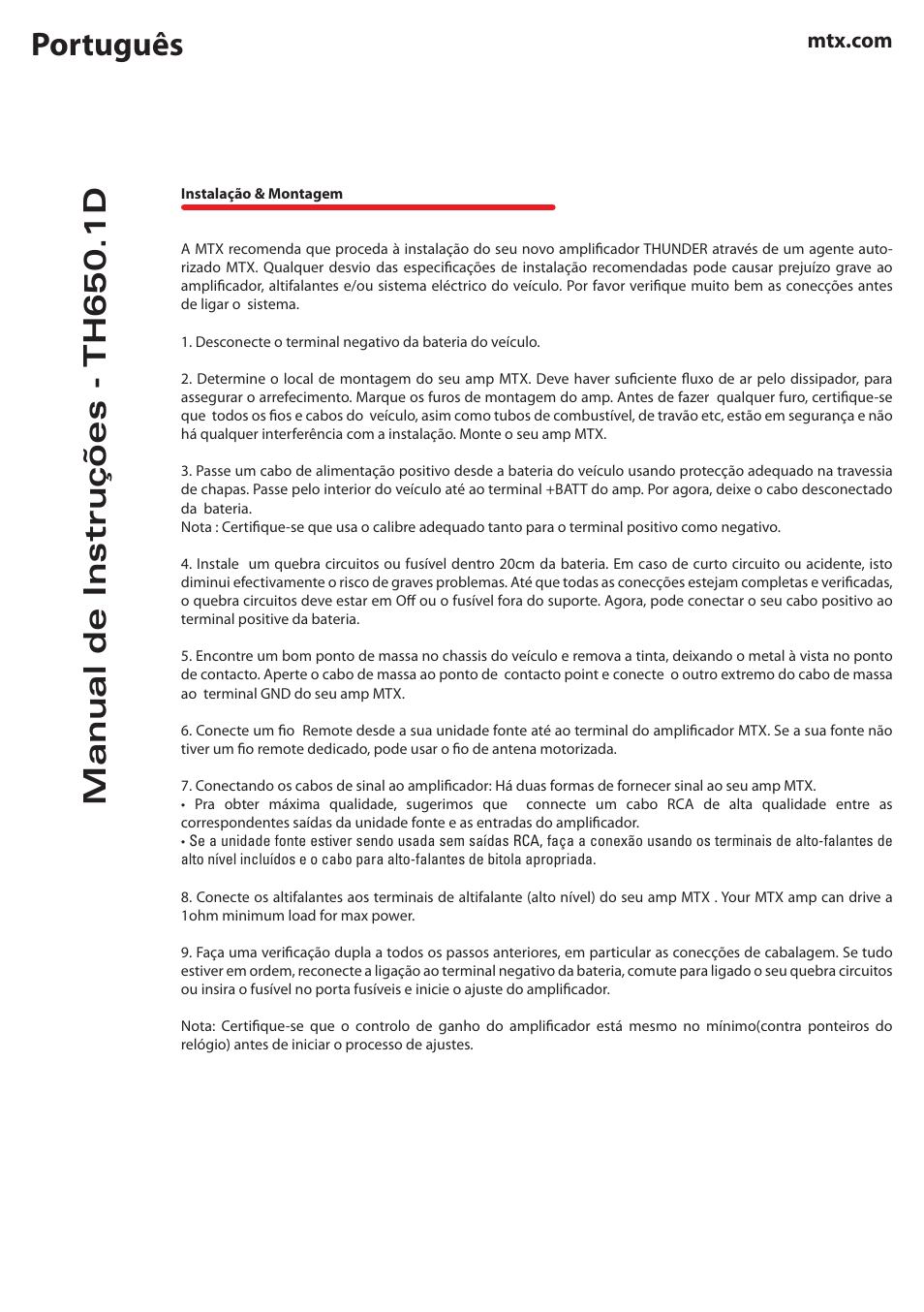 Português, Manual de instruções - th650.1d | MTX Audio TH Series TH650-1D 650W RMS Mono Block Class D Amplifier User Manual | Page 16 / 20