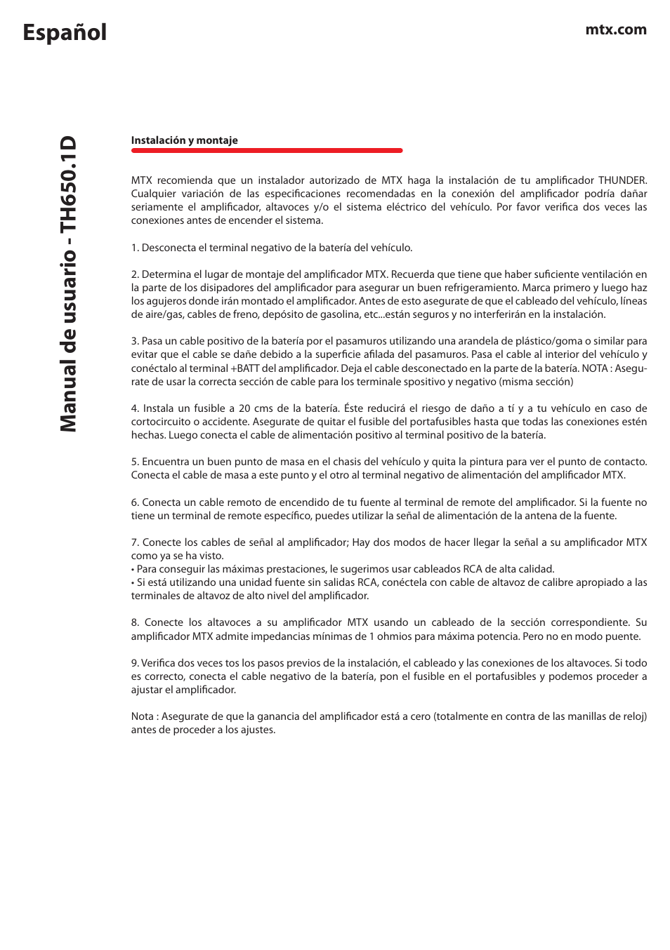 Español, Manual de usuario - th650.1d | MTX Audio TH Series TH650-1D 650W RMS Mono Block Class D Amplifier User Manual | Page 8 / 20