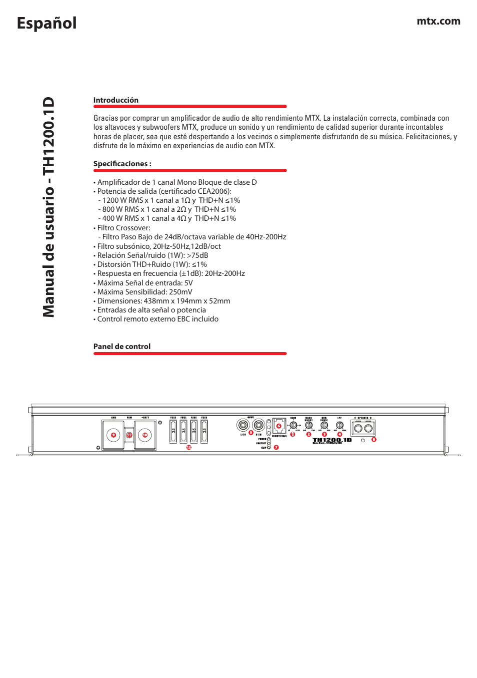 Español | MTX Audio TH Series TH1200-1D 1200W RMS Mono Block Class D Amplifier User Manual | Page 6 / 20