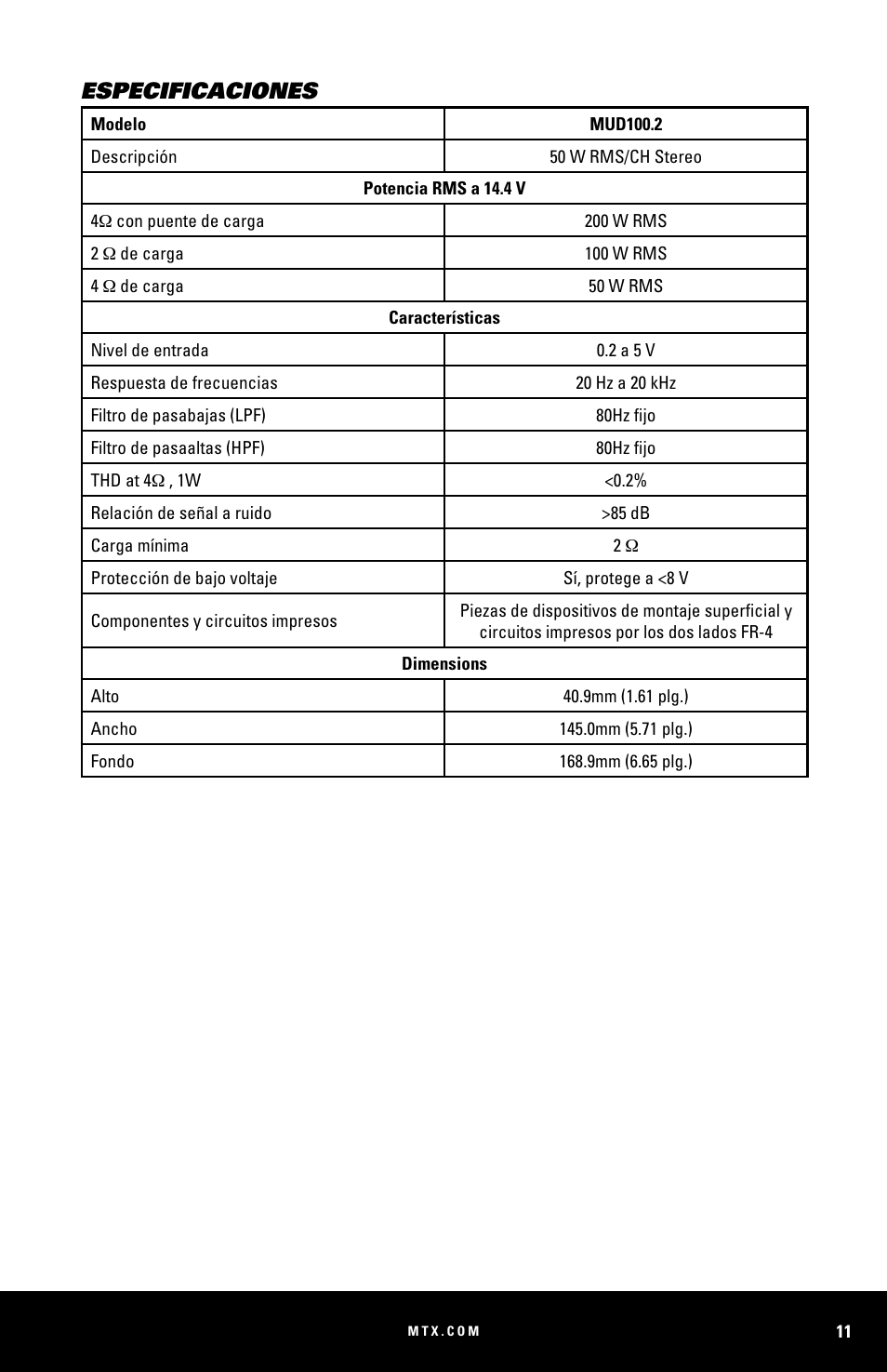 Especificaciones | MTX Audio MUD100-2 200W RMS 2-Channel Power Sports Amplifier User Manual | Page 11 / 28