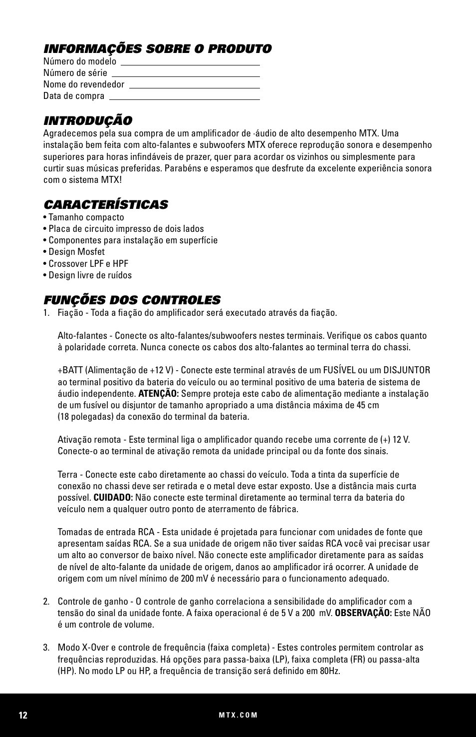 Informações sobre o produto, Introdução, Características | Funções dos controles | MTX Audio MUD100-2 200W RMS 2-Channel Power Sports Amplifier User Manual | Page 12 / 28