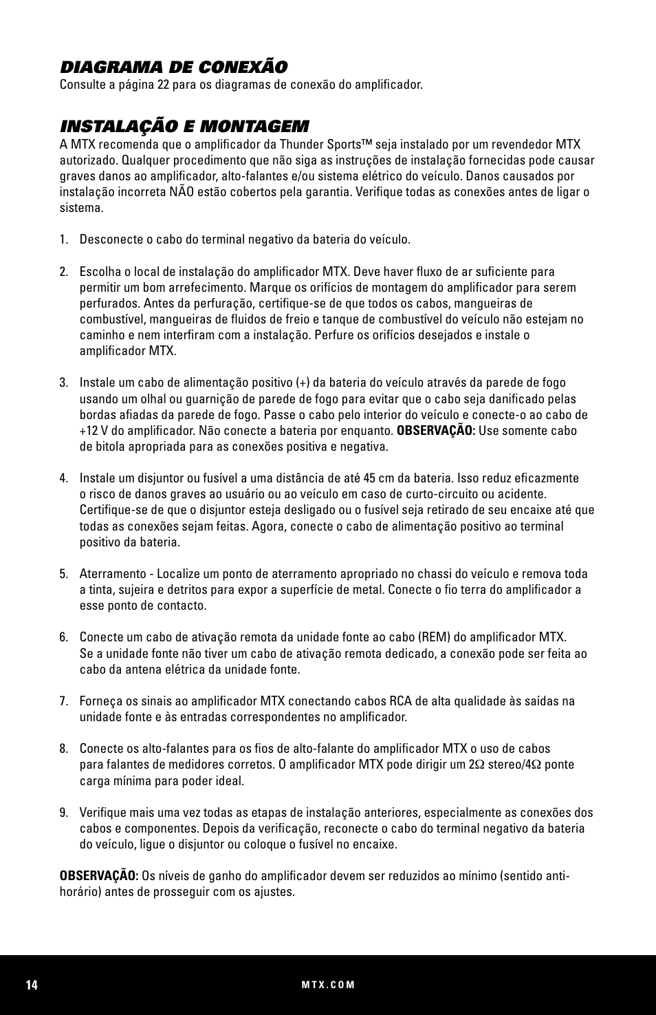 Diagrama de conexão, Instalação e montagem | MTX Audio MUD100-2 200W RMS 2-Channel Power Sports Amplifier User Manual | Page 14 / 28