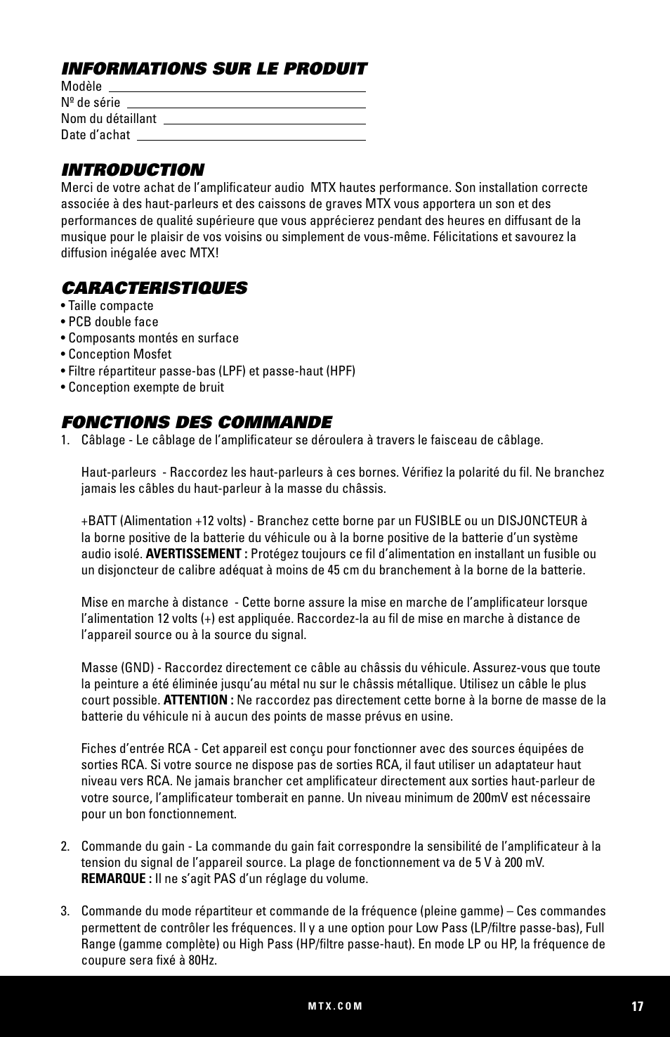 Informations sur le produit, Introduction, Caracteristiques | Fonctions des commande | MTX Audio MUD100-2 200W RMS 2-Channel Power Sports Amplifier User Manual | Page 17 / 28